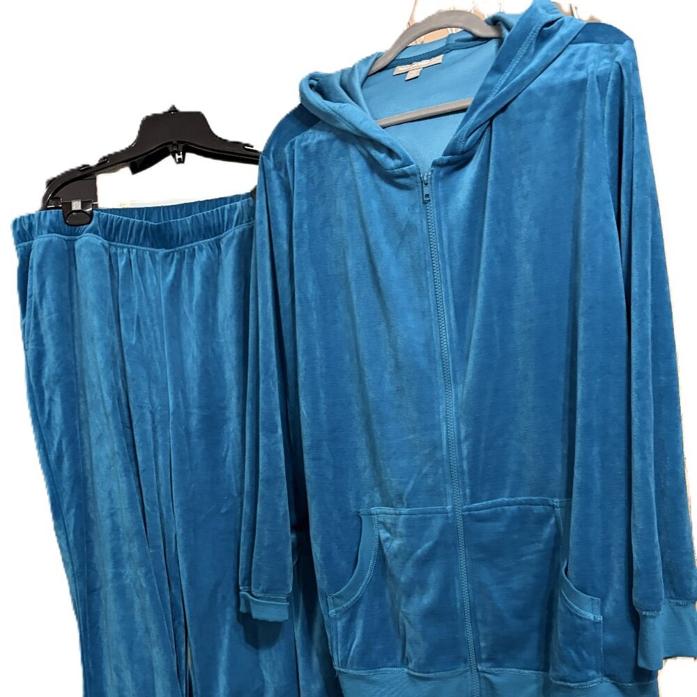 Woman Within Womens Velour Wide Leg Pant set w/zip up hoodie Teal sz 22/24